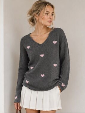 Wooden Ships "Candy Hearts" Mohair Blend Sweater - Charcoal/Pink - Size S/M